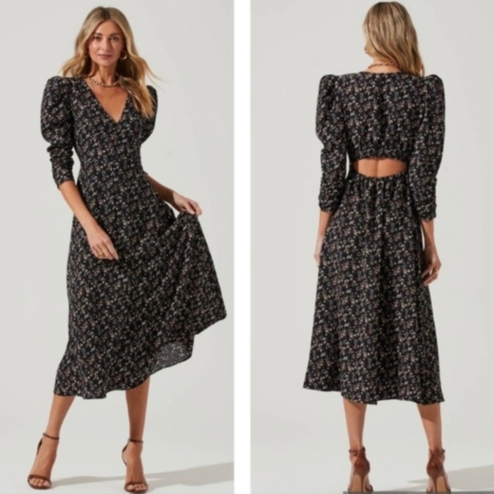 ASTR The Label Lauren Cut Out Back Black Floral Puff Sleeve Dress